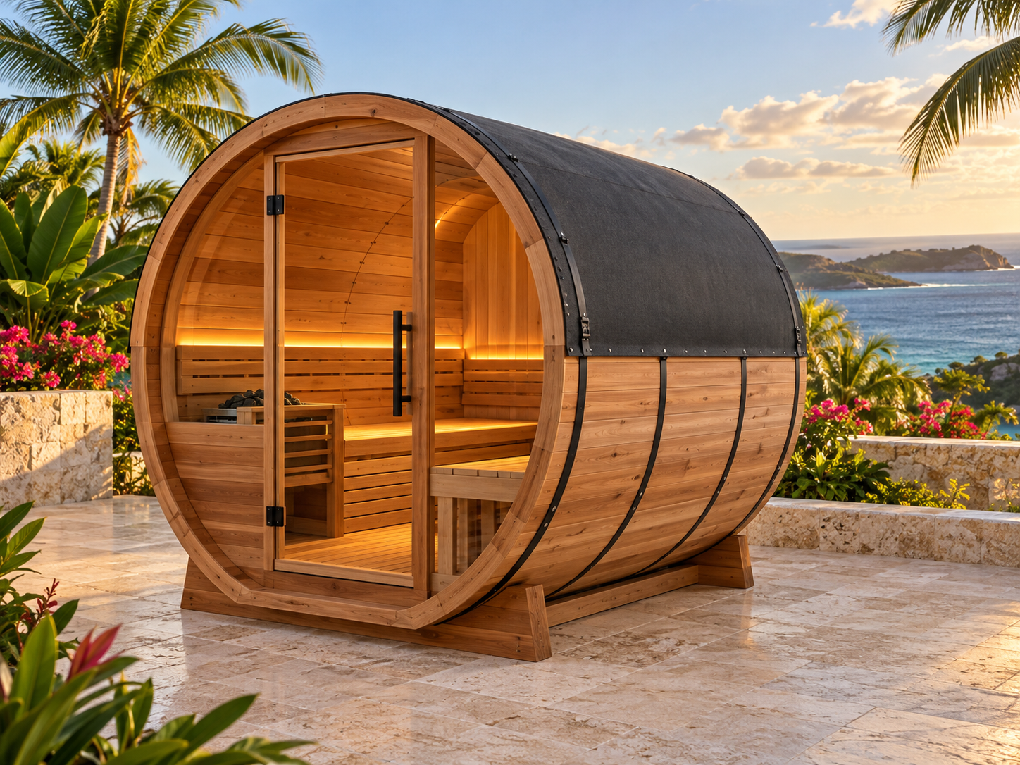 Brisa 6 large flat-bottom cedar barrel sauna on a tropical terrace