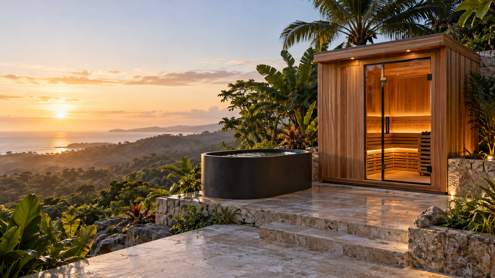 Matte black cold plunge beside a cedar sauna