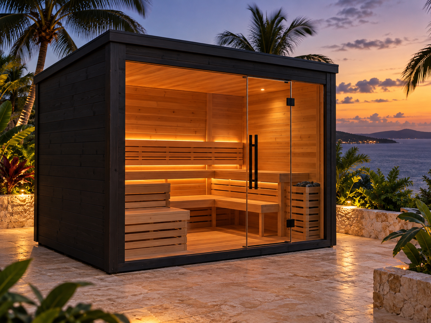 Reserva 6 premium dark exterior cedar outdoor sauna at sunset
